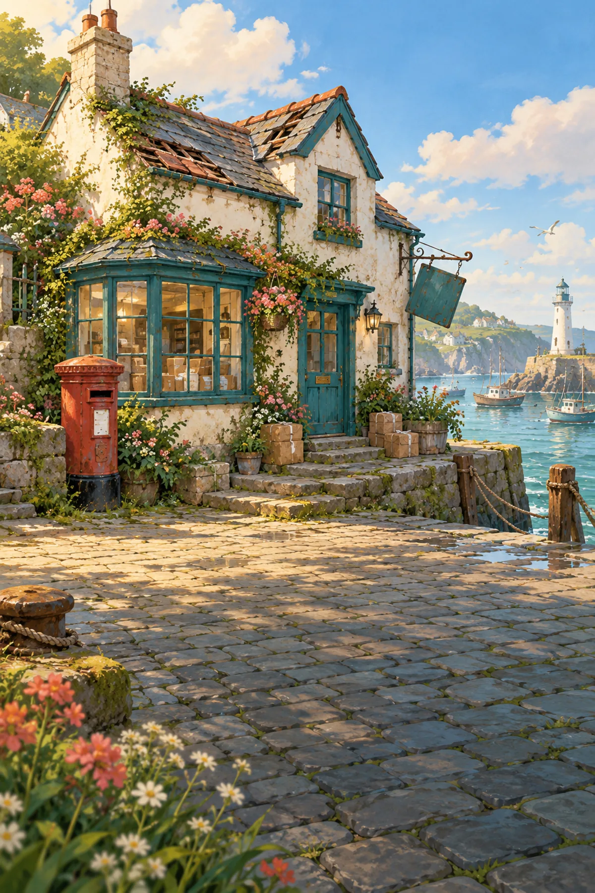 A welcoming seaside parcel depot, with a teal front door, flowers, and parcels waiting by the steps.
